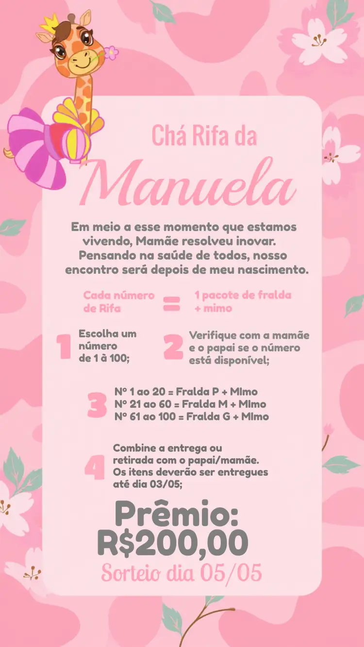 Convite Chá Rifa Girafinha Safari – tema Chá Rifa girafa, safari, rosa e cinza, nuvens, infantil, divertido