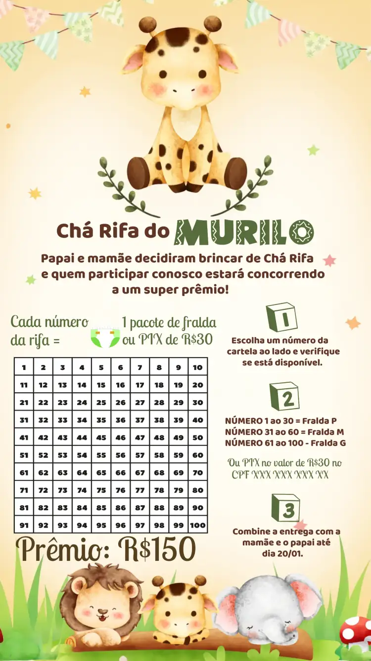Convite Chá Rifa Girafinha Safari – tema Chá Rifa safari, animais, cores vibrantes, moderno, divertido