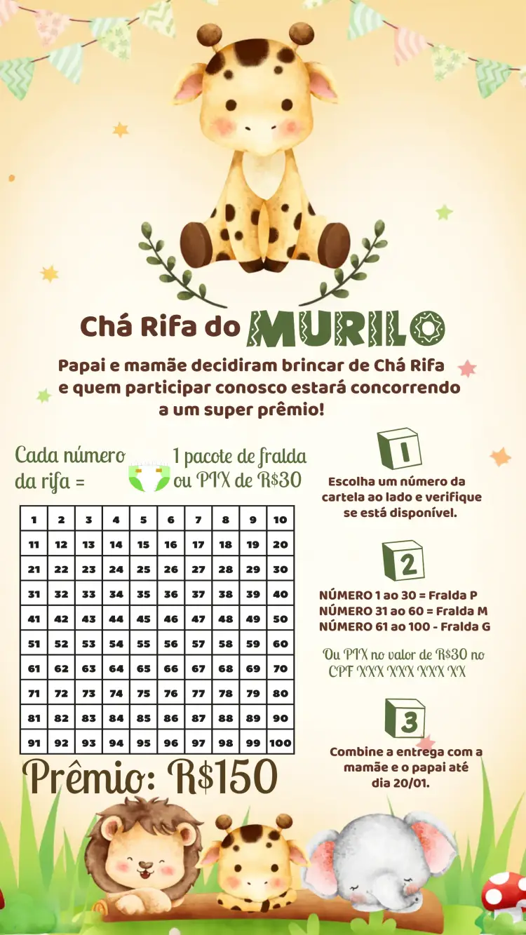 Convite Chá Rifa Girafinha Safari