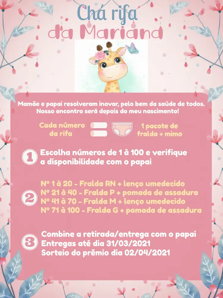 Convite Chá Rifa Girafinha Vermelho – tema Chá Rifa colorido, safári, animais, moderno, infantil