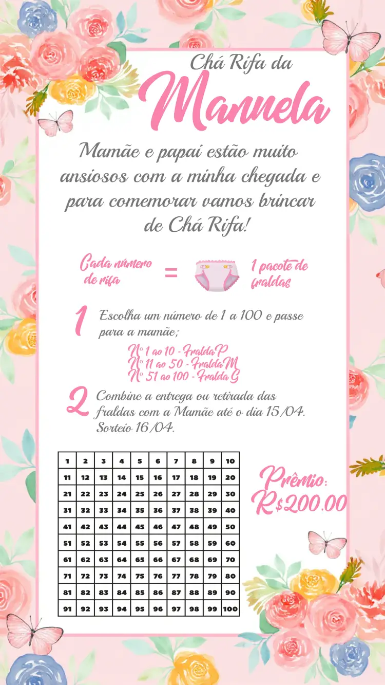 Convite Chá Rifa Jardim Das Borboletas Delicado – tema Chá Rifa floral, delicado, rosa, branco, jardim, encantado