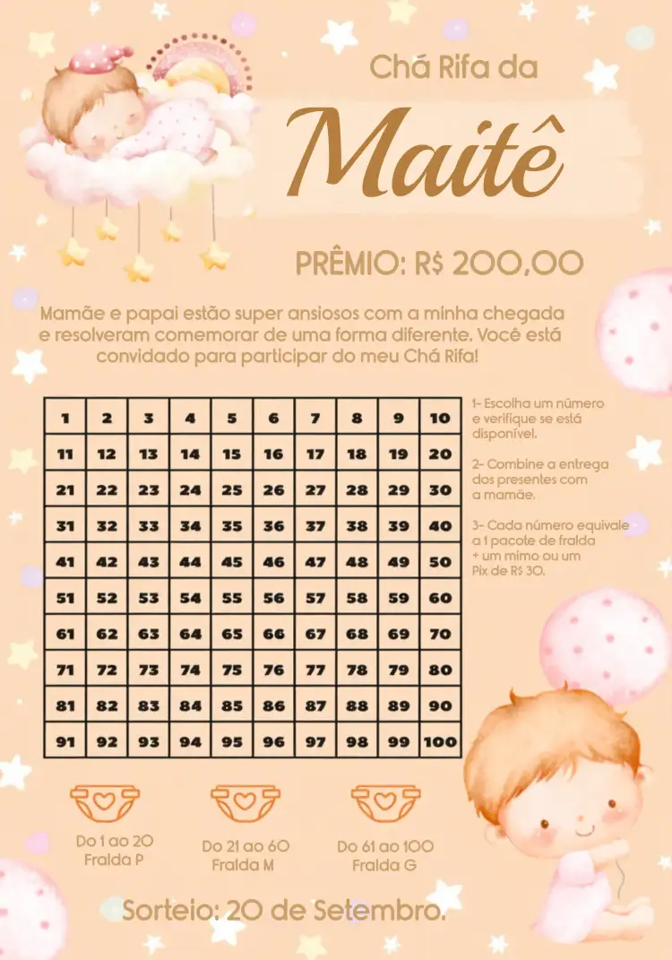 Convite Chá Rifa Menina Laranja – tema Mais pesquisados laranja e rosa, balões, ilustração infantil, design moderno, estilo alegre
