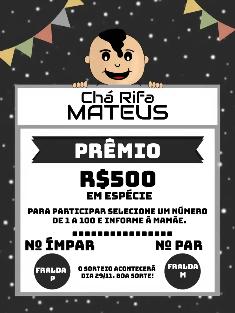 Convite Chá Rifa Menino Cinza