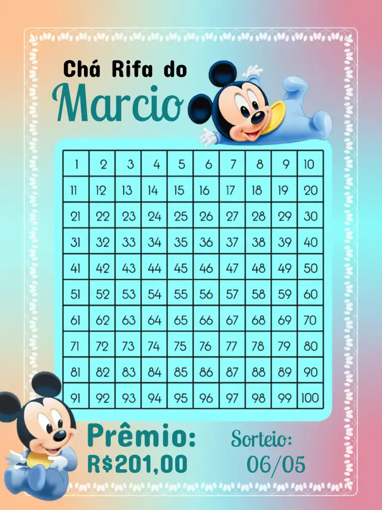Convite Chá Rifa Mickey Baby Cartela – tema Chá Rifa Mickey Mouse, azul e amarelo, divertido e lúdico, infantil, moderno, temático