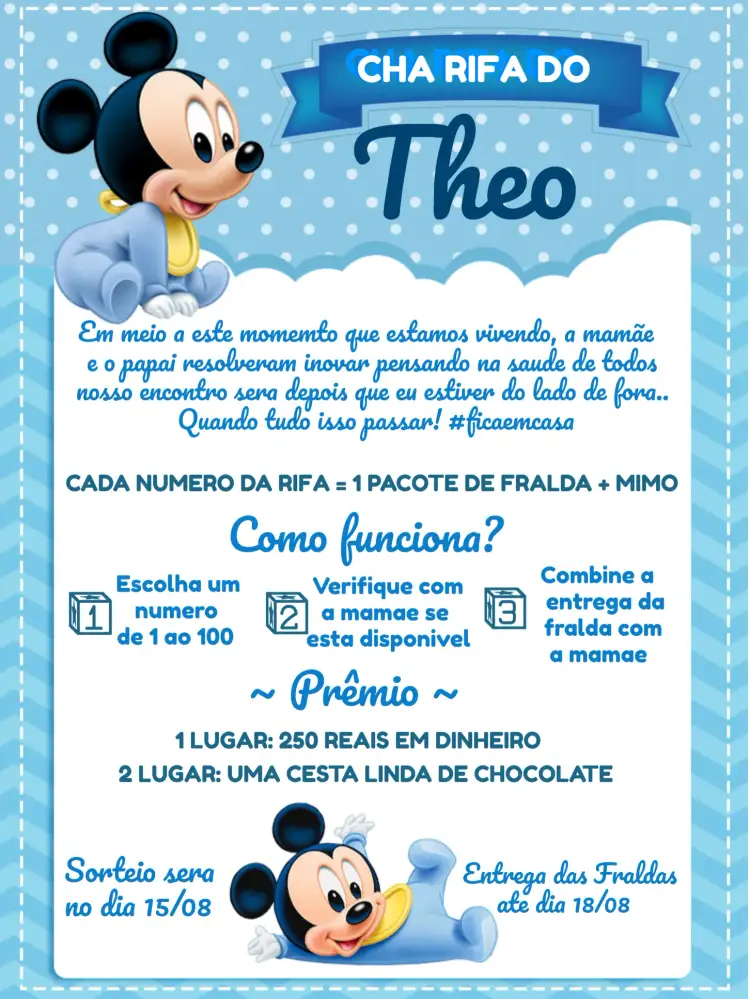 Convite Chá Rifa Mickey Baby Menin Preto – tema Chá Rifa moderno, divertido, temático, azul e preto, infantil, Mickey Mouse