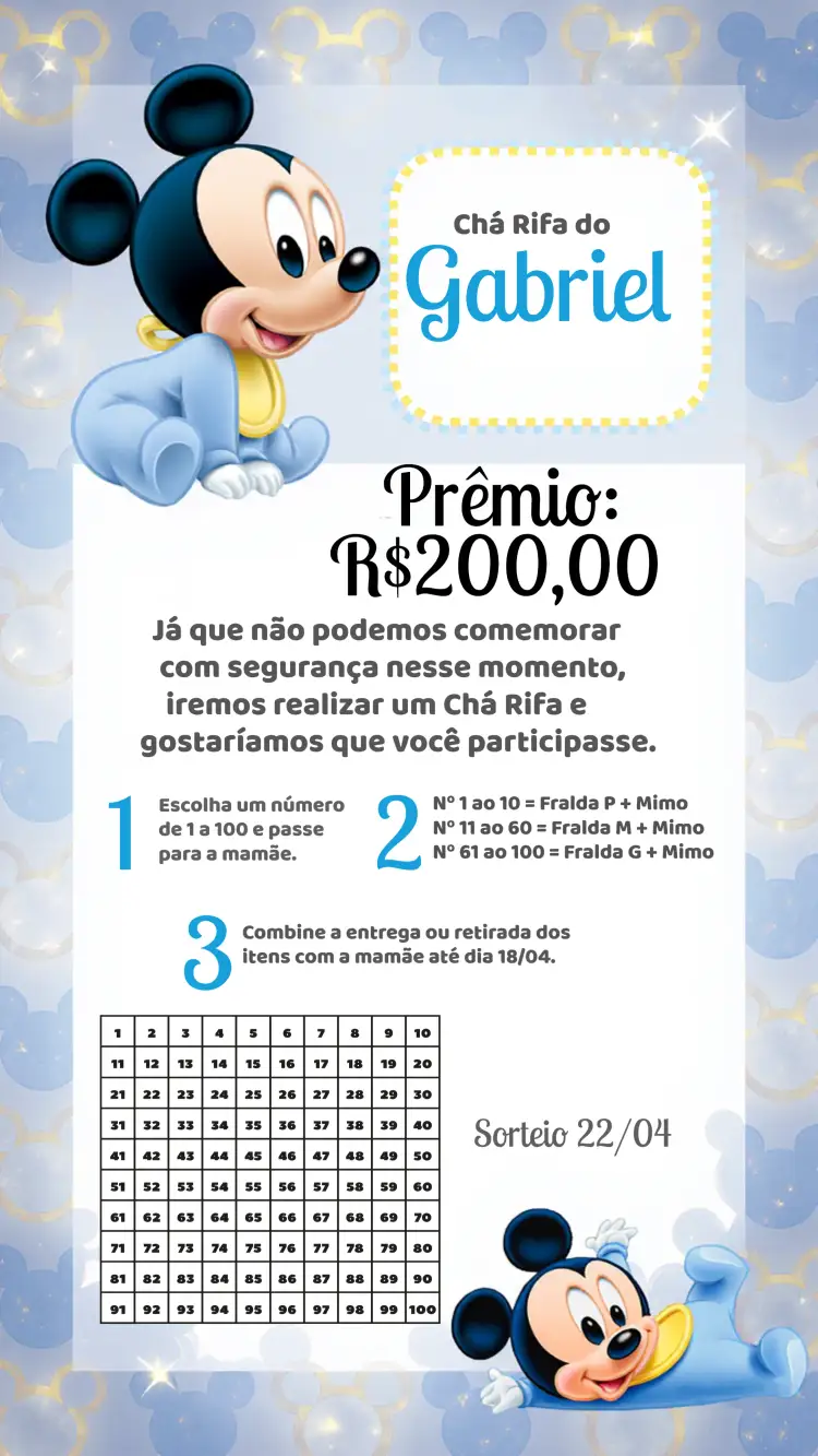 Convite Chá Rifa Mickey Mouse + – tema Chá Rifa Mickey Mouse, azul e amarelo, divertido, infantil, colorido, temático