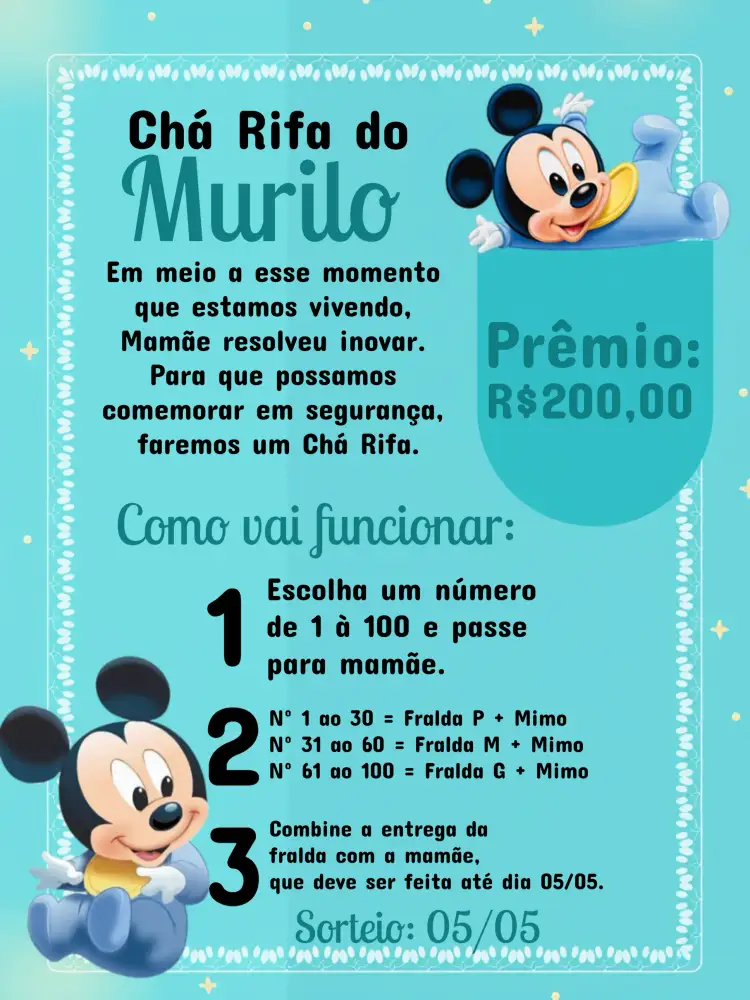 Convite Chá Rifa Mickey Mouse Cha – tema Chá Rifa infantil, colorido, lúdico, moderno, divertido