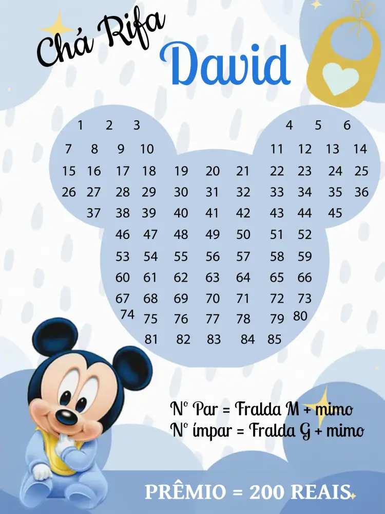 Convite Chá Rifa Mickey Mouse Baby 85 – tema Chá Rifa lúdico, colorido, divertido, temático, infantil