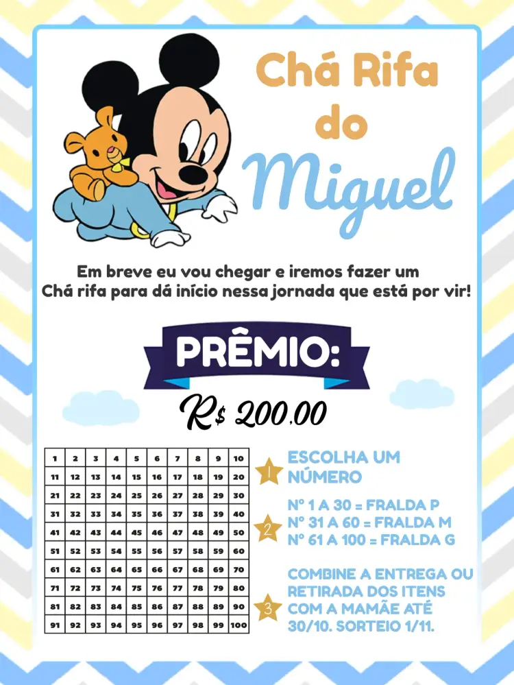 Convite Chá Rifa Mickey Mouse Baby Azul