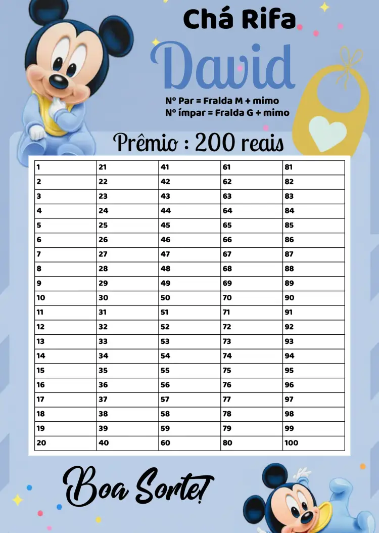 Convite Chá Rifa Mickey Mouse Baby Nomes – tema Chá Rifa Mickey Mouse, azul e branco, dourado, divertido, infantil, moderno