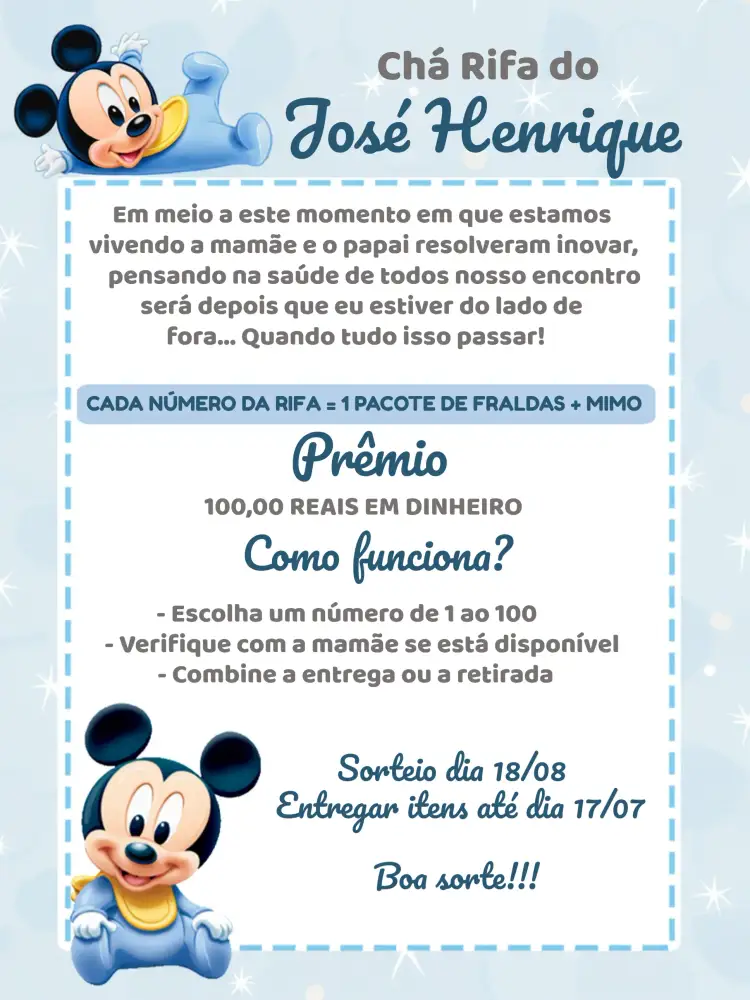 Convite Chá Rifa Mickey Mouse Baby Bebê – tema Chá Rifa colorido, lúdico, infantil, divertido, temático