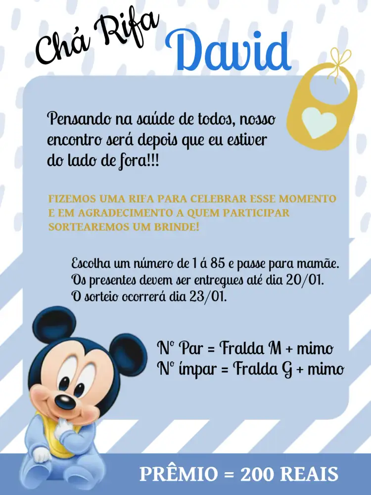 Convite Chá Rifa Mickey Mouse Baby Babador – tema Chá Rifa Mickey Mouse, azul, branco, dourado, preto, infantil