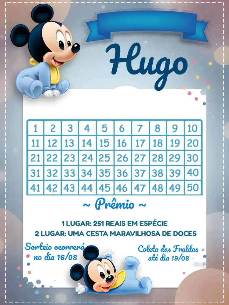 Convite Chá Rifa Mickey Mouse Baby Cha – tema Chá Rifa temático, colorido, infantil, divertido, animado
