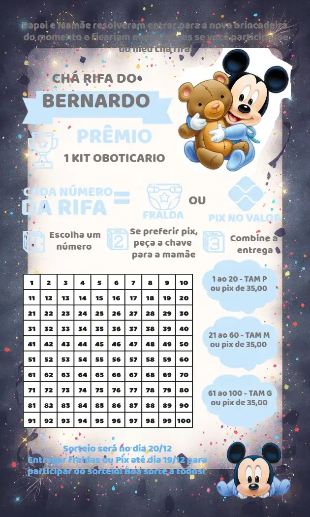 Convite Chá Rifa Mickey Mouse Baby Preto