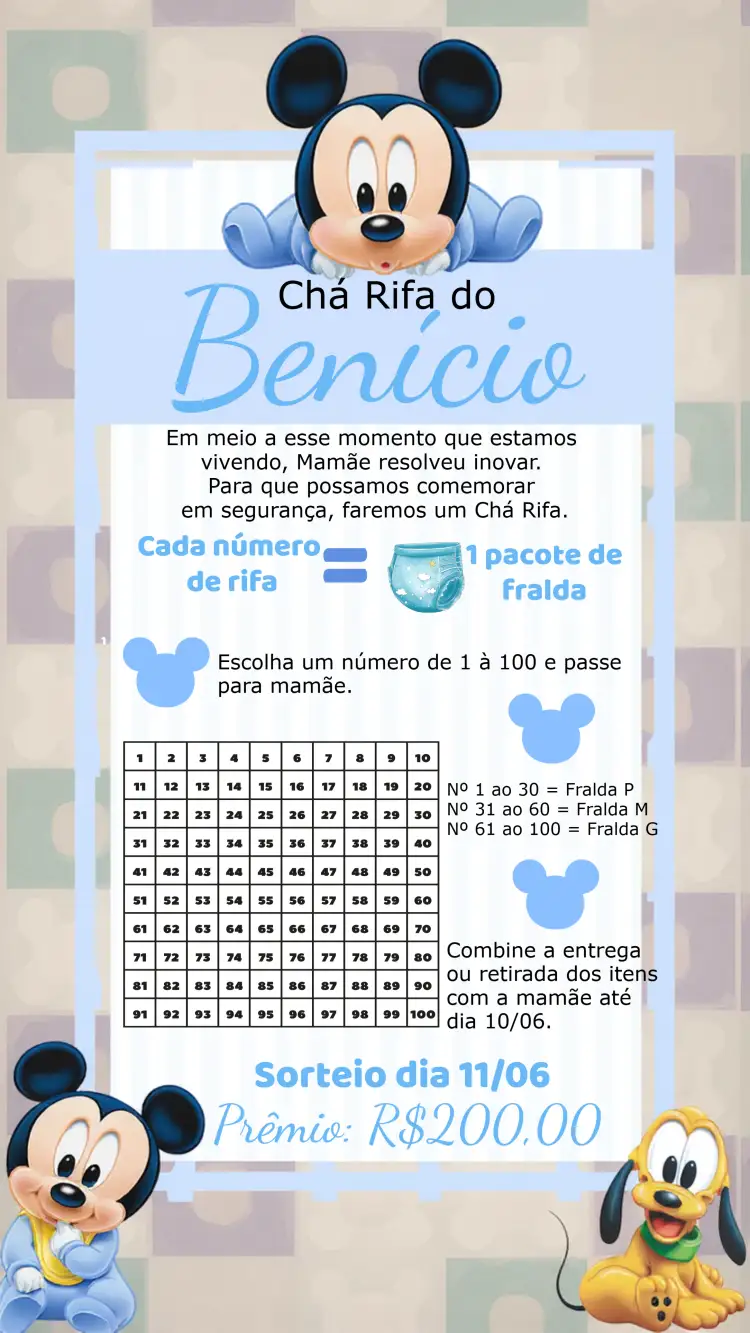 Convite Chá Rifa Mickey Mouse Baby Números – tema Chá Rifa temático, colorido, infantil, lúdico, moderno, divertido
