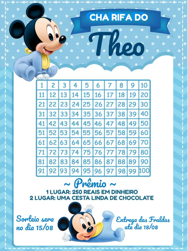 Convite Chá Rifa Mickey Mouse Baby Whatsapp – tema Chá Rifa Mickey Mouse, colorido, divertido, infantil, moderno, lúdico