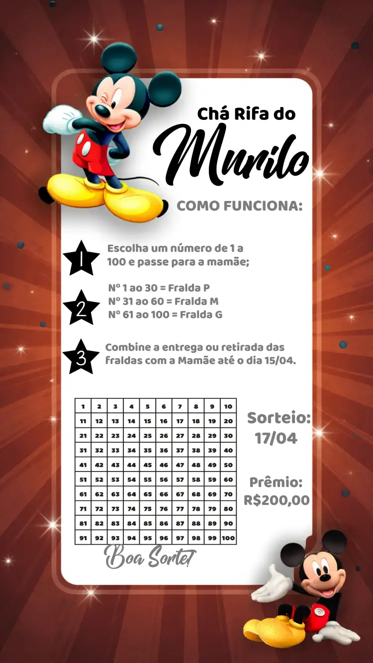 Convite Chá Rifa Mickey Mouse Cartela – tema Chá Rifa Mickey Mouse, preto e branco, lúdico, divertido, infantil