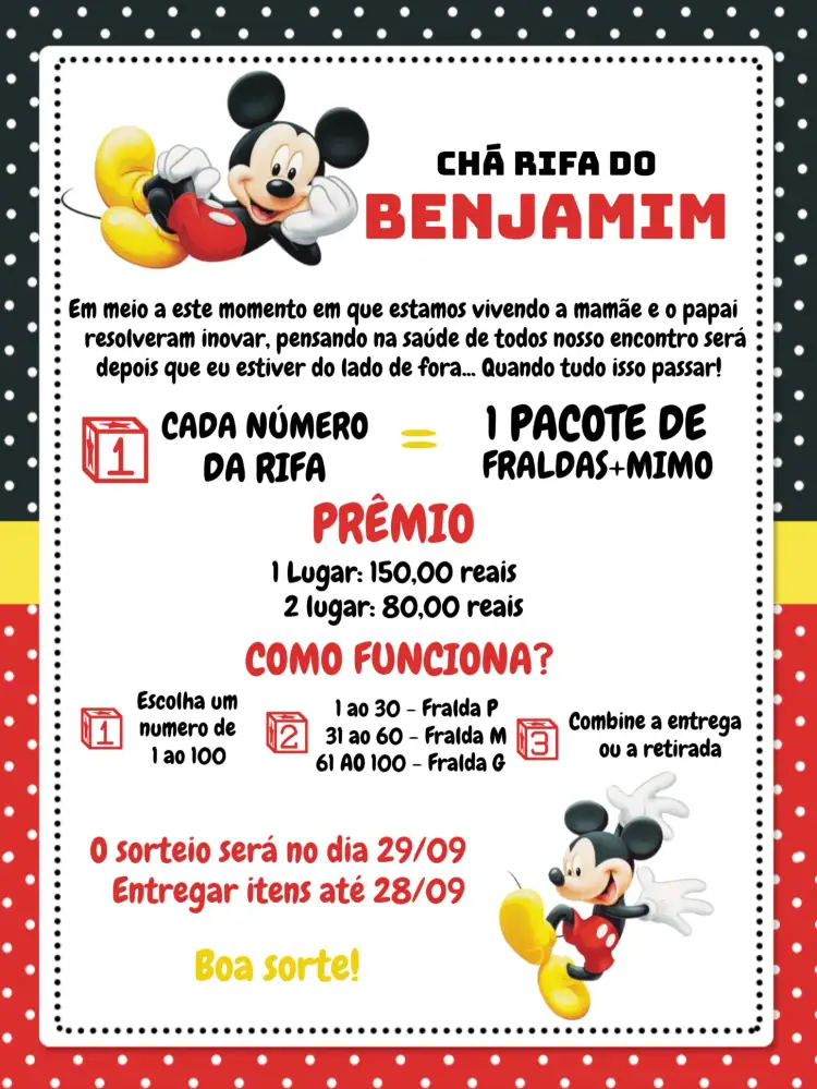 Convite Cha Rifa Mickey Menino – tema Chá Rifa divertido, colorido, infantil, temático, moderno, lúdico