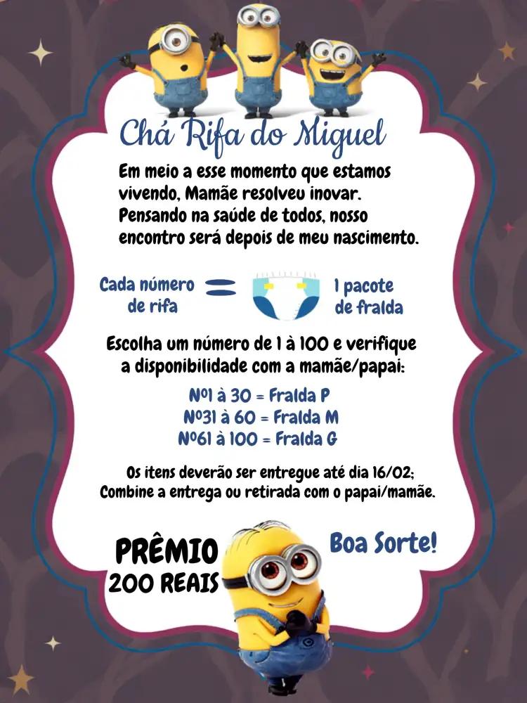Convite Chá Rifa Minions Bebe – tema Chá Rifa colorido, divertido, infantil, temático, animado