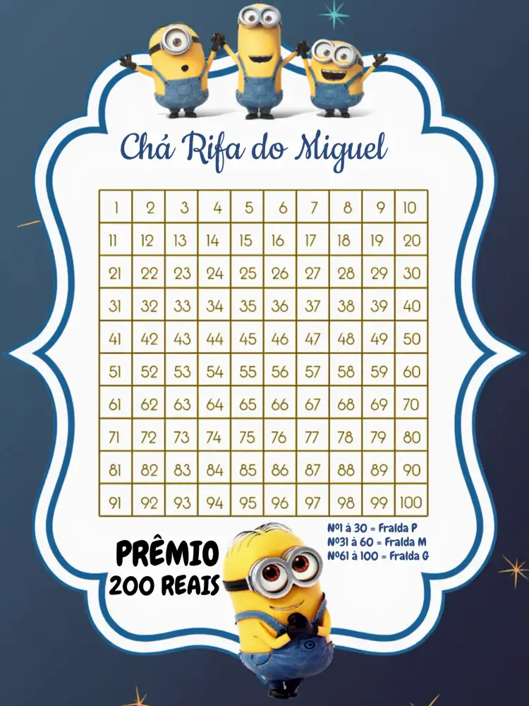 Convite Chá Rifa Minions Cartela – tema Chá Rifa colorido, divertido, infantil, temático, moderno