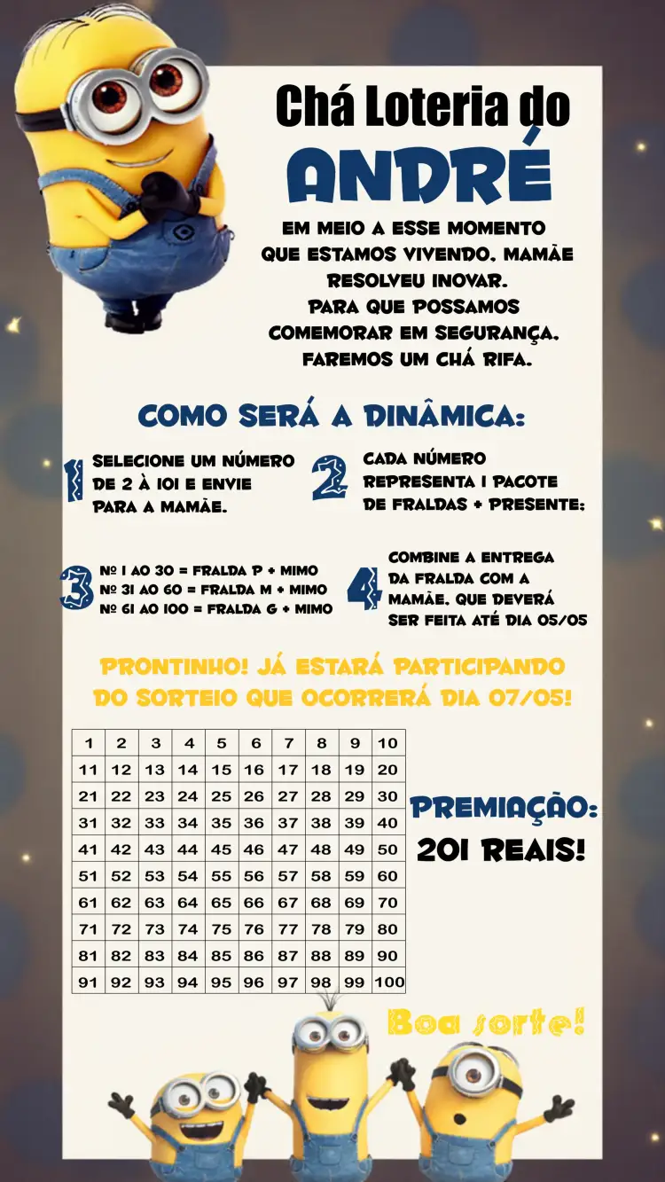 Convite Chá Rifa Minions Cha – tema Chá Rifa divertido, colorido, infantil, temático, moderno