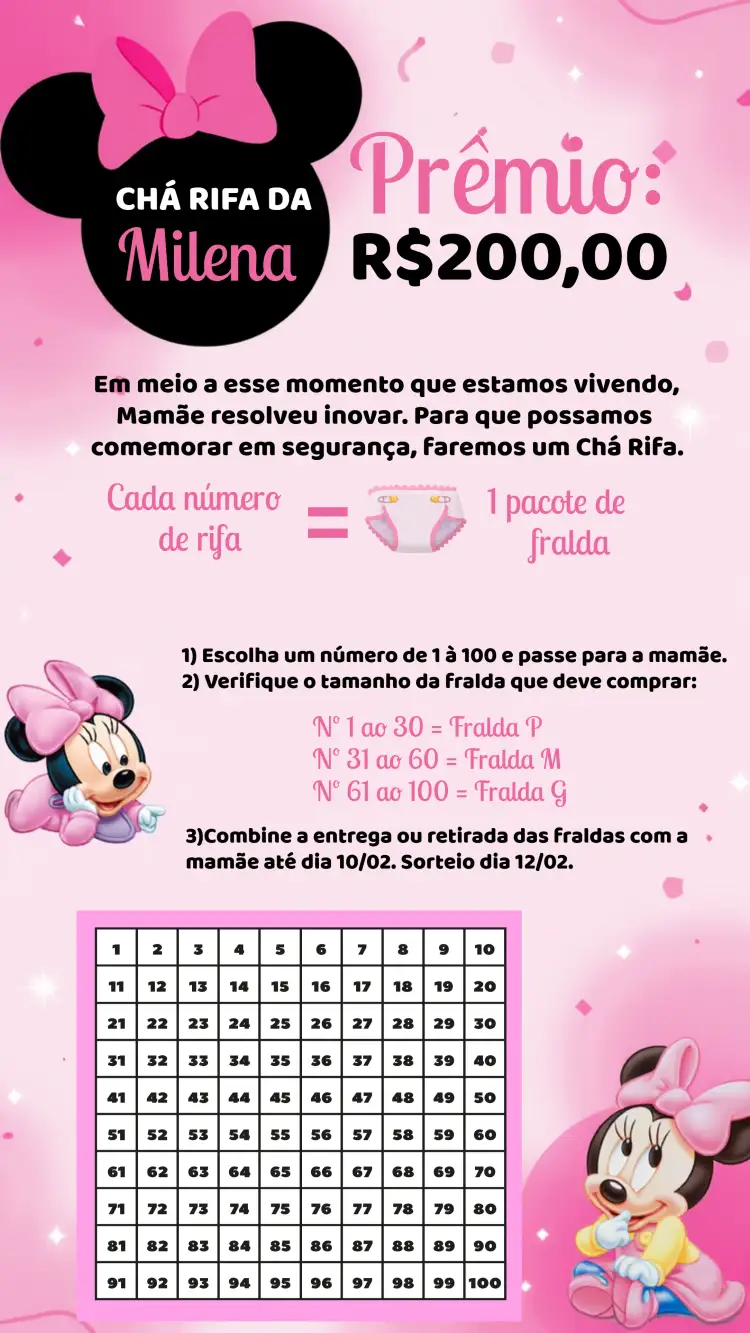 Convite Chá Rifa Minnie Mouse Baby Cha – tema Chá Rifa Minnie Mouse, rosa e preto, divertido, infantil, moderno, colorido