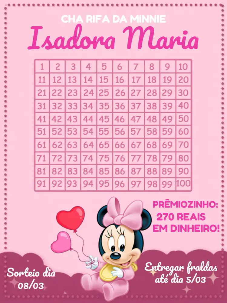 Convite Chá Rifa Minnie Mouse Baby Menina – tema Chá Rifa rosa, branco, divertido, infantil, lúdico, Minnie Mouse