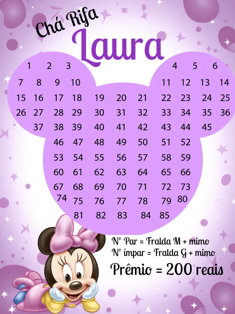 Convite Chá Rifa Minnie Mouse Baby Números