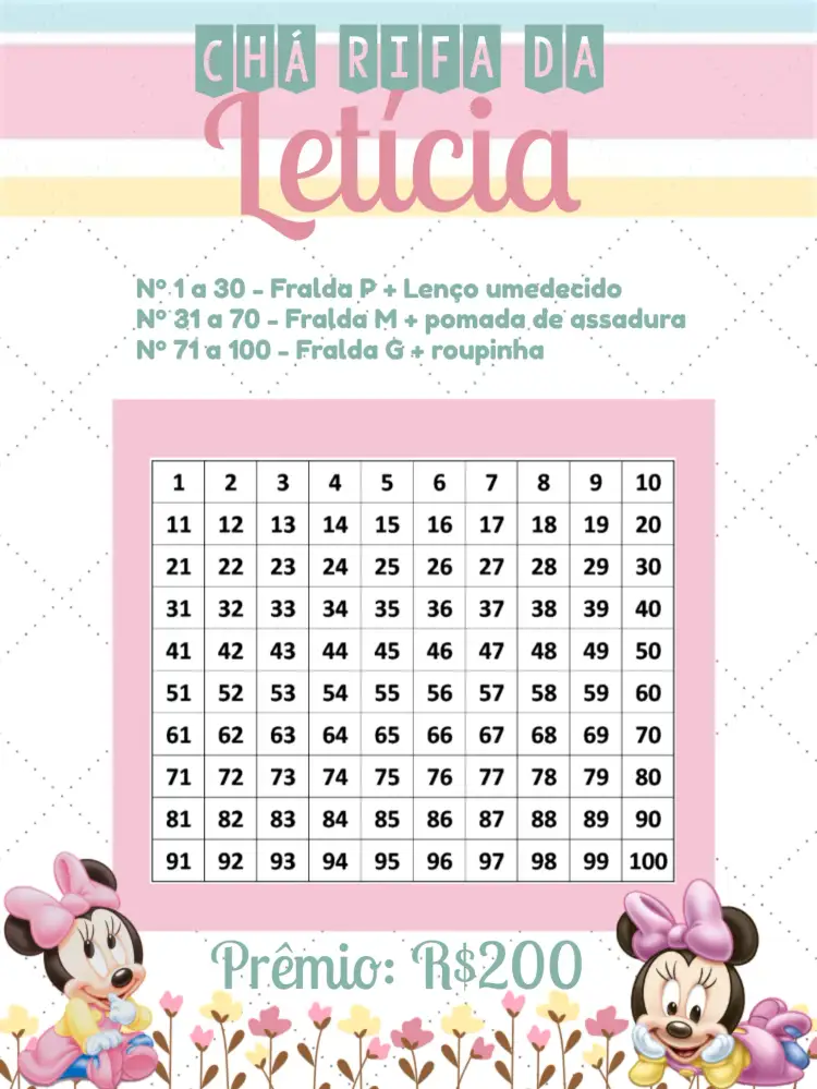 Convite Chá Rifa Minnie Mouse Baby Bebê – tema Chá Rifa colorido, Disney, lúdico, infantil, alegre, feminino