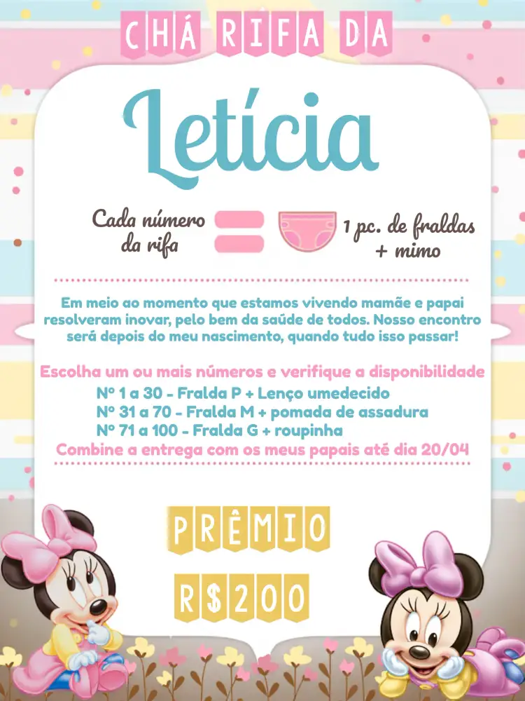 Convite Chá Rifa Minnie Mouse Baby – tema Chá Rifa colorido, lúdico, Disney, infantil, vibrante, divertido