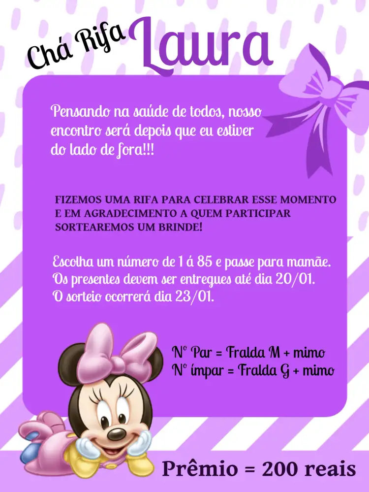 Convite Chá Rifa Minnie Mouse Baby Lilás – tema Chá Rifa lilás, branco, rosa, preto, divertido, temático