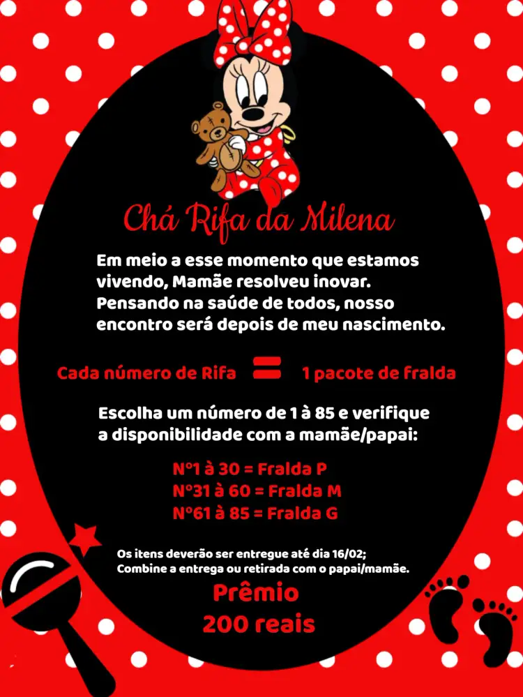 Convite Chá Rifa Minnie Mouse Fraldas – tema Chá Rifa vermelho, preto, branco, infantil, divertido, temático