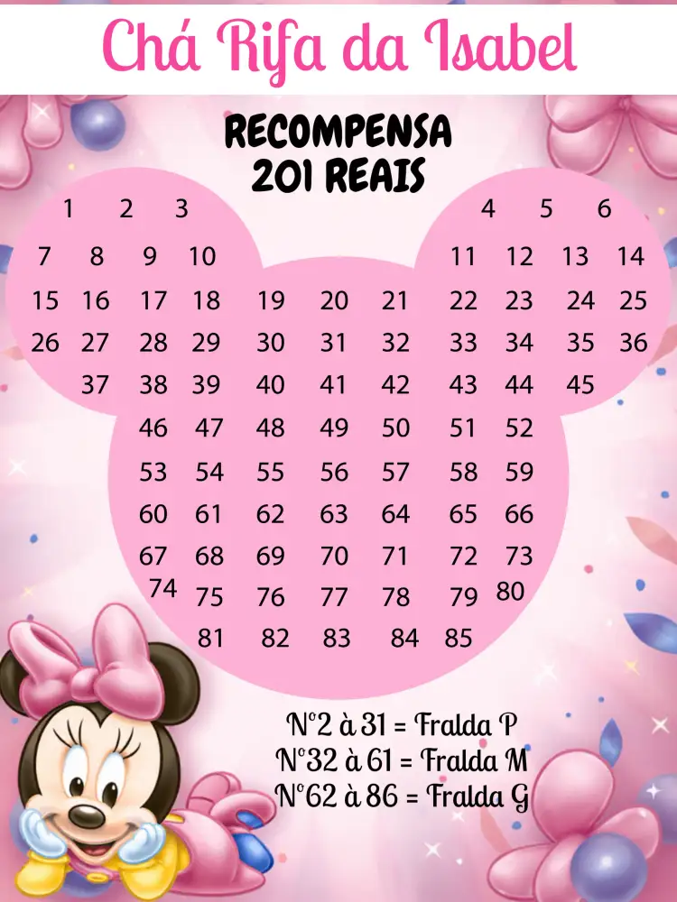 Convite Chá Rifa Minnie Mouse Baby – tema Chá Rifa rosa e lilás, temática Minnie Mouse, divertido e lúdico, estilo moderno, cores suaves, elementos gráficos infantis