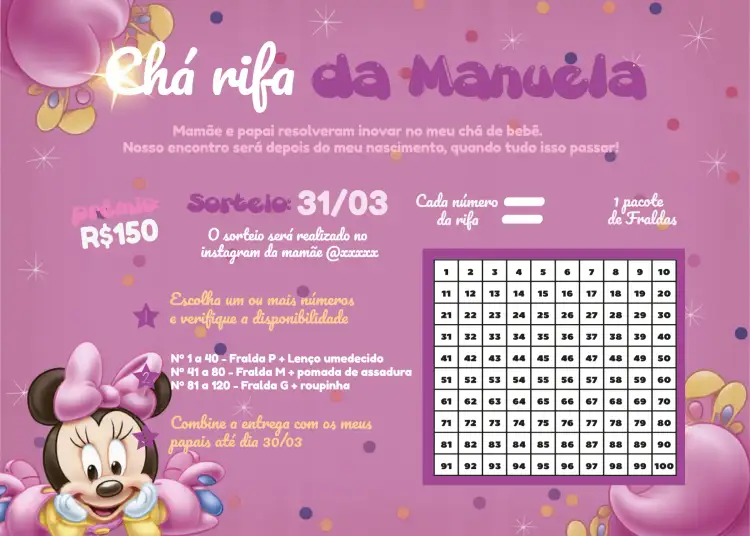 Convite Chá Rifa Minnie Mouse Cha – tema Chá Rifa infantil, colorido, lúdico, Disney, rosa e azul, divertido