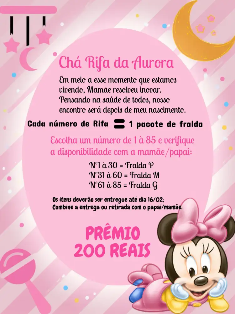 Convite Chá Rifa Minnie Mouse Cha – tema Chá Rifa colorido, infantil, temático, divertido, Disney, moderno
