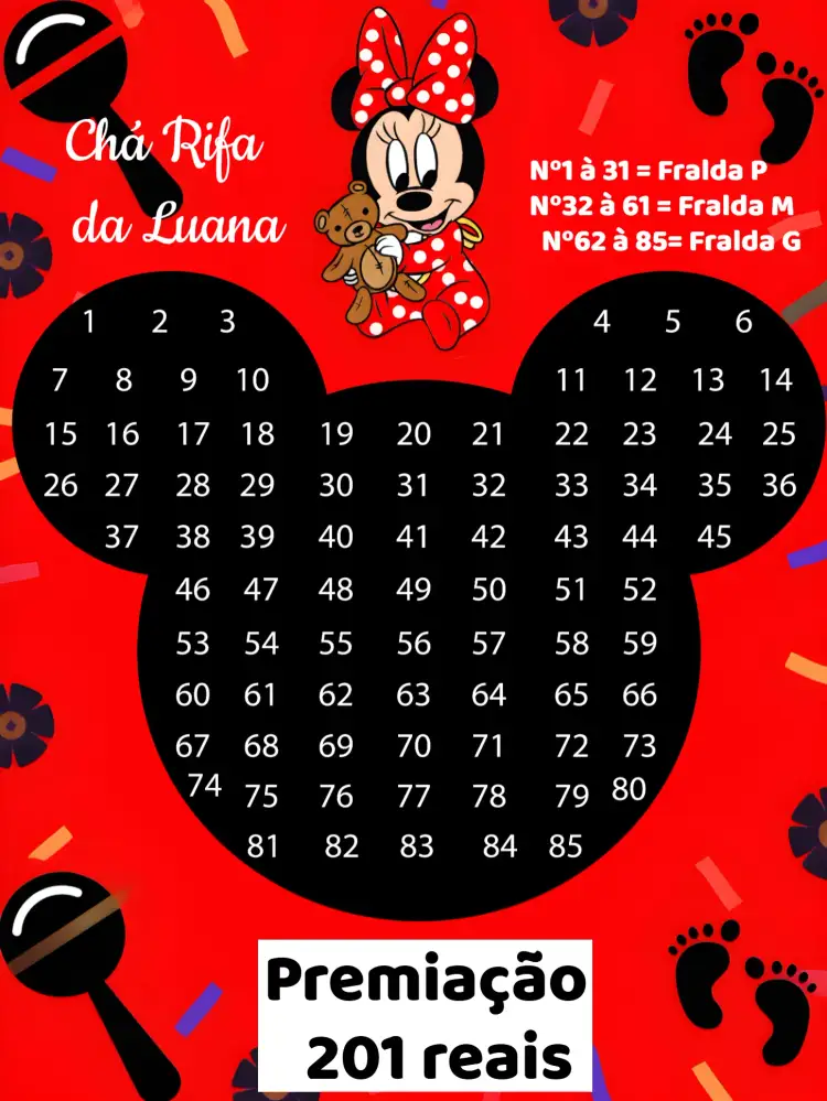 Convite Chá Rifa Minnie Mouse 85 – tema Chá Rifa vermelho, preto, branco, infantil, temático, divertido