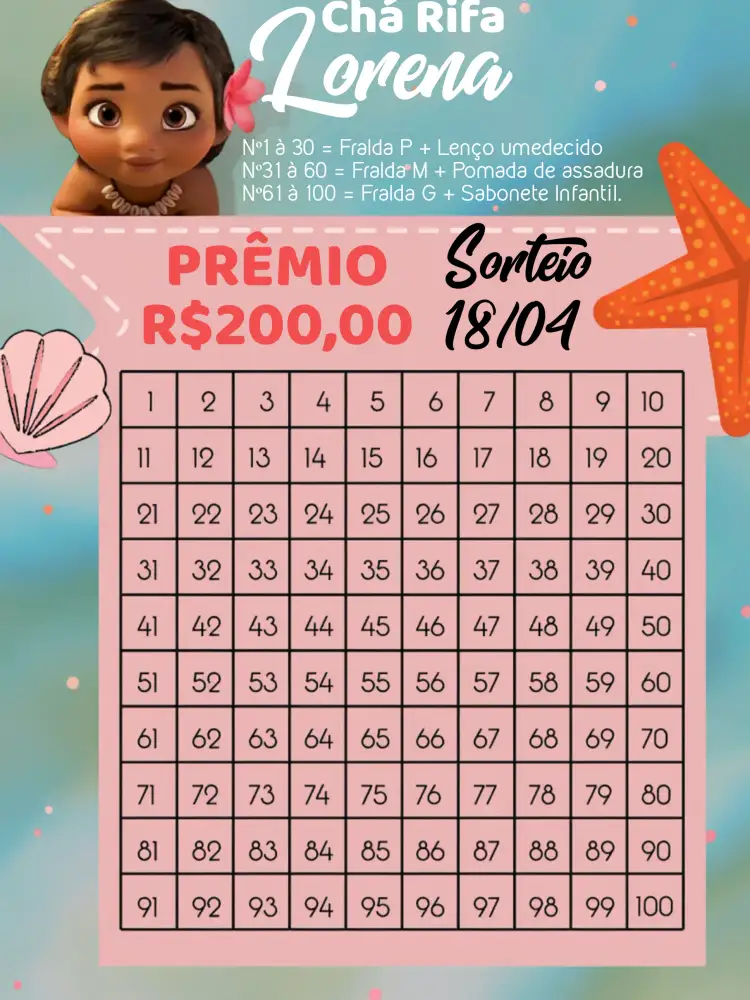 Convite Chá Rifa Moana Baby Cartela – tema Chá Rifa marinho, infantil