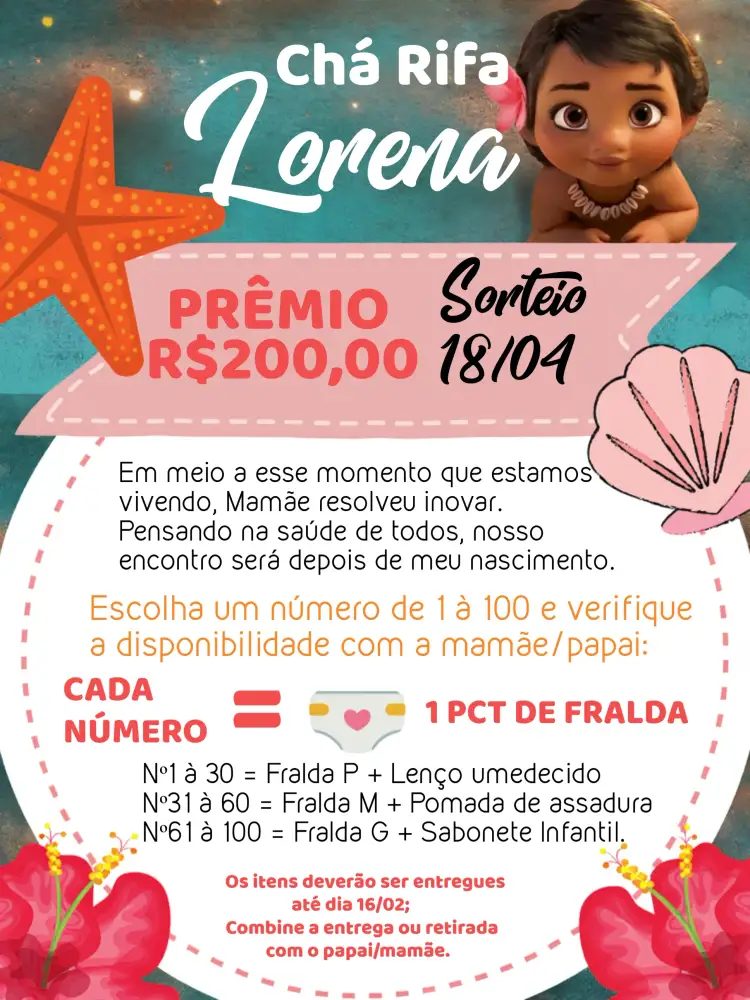 Convite Chá Rifa Moana Baby Miana – tema Chá Rifa temática Moana, cores vibrantes, ilustrações lúdicas, estilo moderno, elementos gráficos divertidos, design alegre