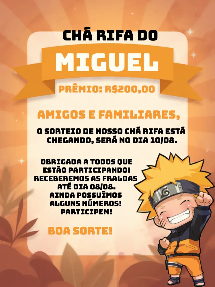 Convite Chá Rifa Naruto Chibi Branco – tema Aniversário Infantil anime, chibi, colorido, divertido, moderno, infantil