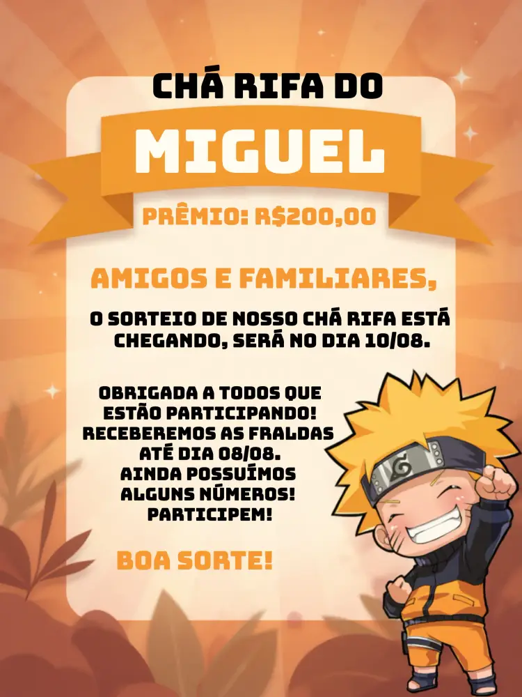 Convite Chá Rifa Naruto Chibi Branco