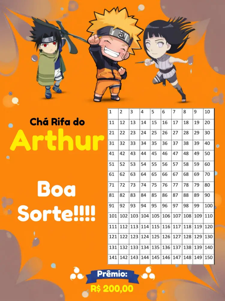 Convite Chá Rifa Naruto Chibi Números
