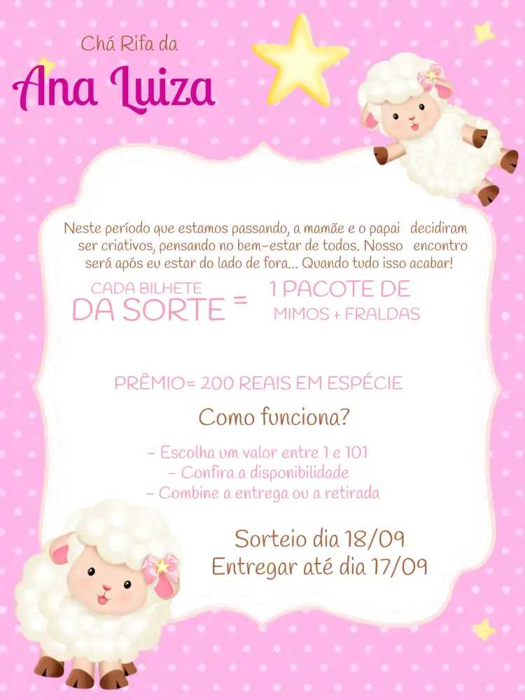 Convite Chá Rifa Ovelhinha Fraldas – tema Chá Rifa ovelhinhas, fofo, cores pastel, ilustrações infantis, estilo minimalista, vintage