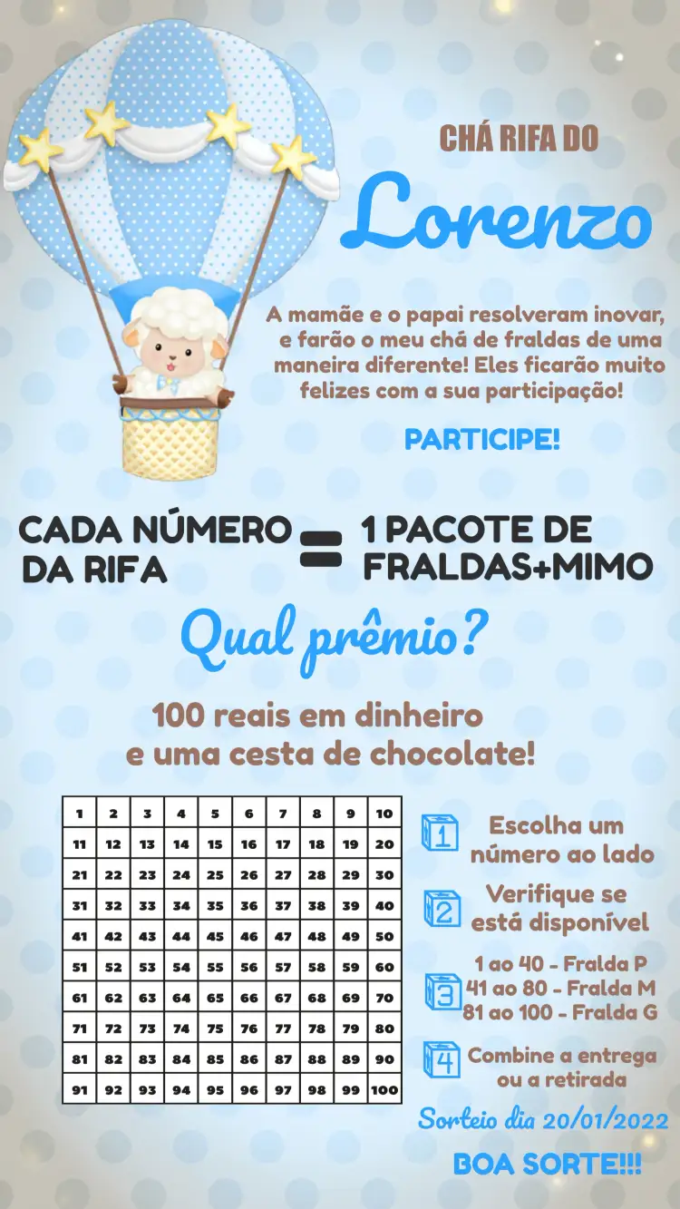 Convite Chá Rifa Ovelhinha Baloeira Menino – tema Chá Rifa azul, amarelo, branco, ovelhas, infantil, festivo