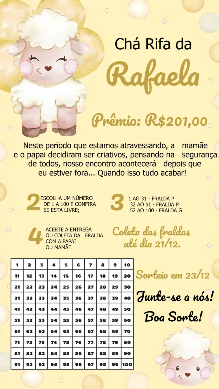 Convite Chá Rifa Ovelhinha Ovelha – tema Chá Rifa amarelo, dourado, neutro, infantil, fofo, divertido