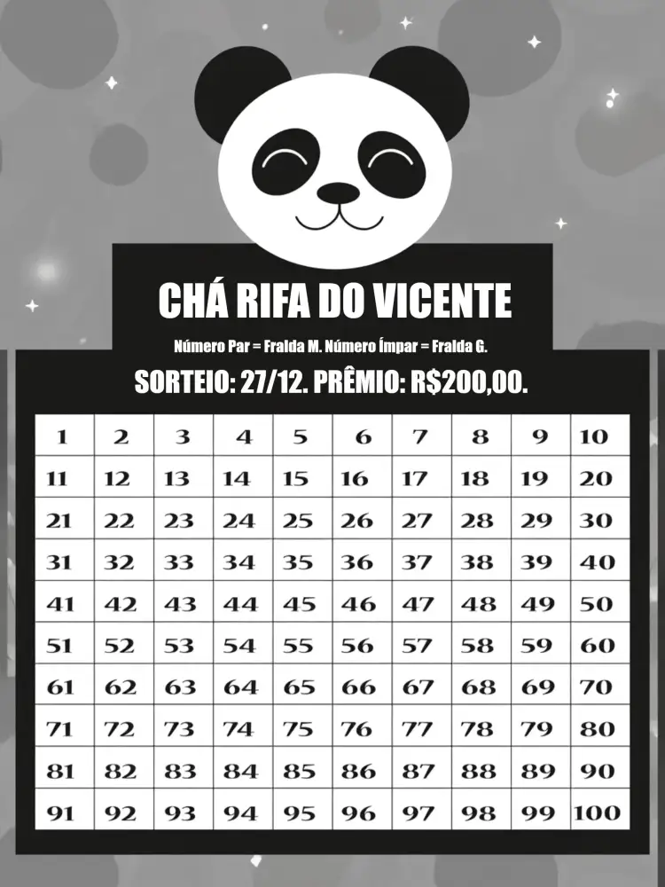 Convite Chá Rifa Panda Branco – tema Chá Rifa moderno, divertido, minimalista, preto e branco, animais, listras