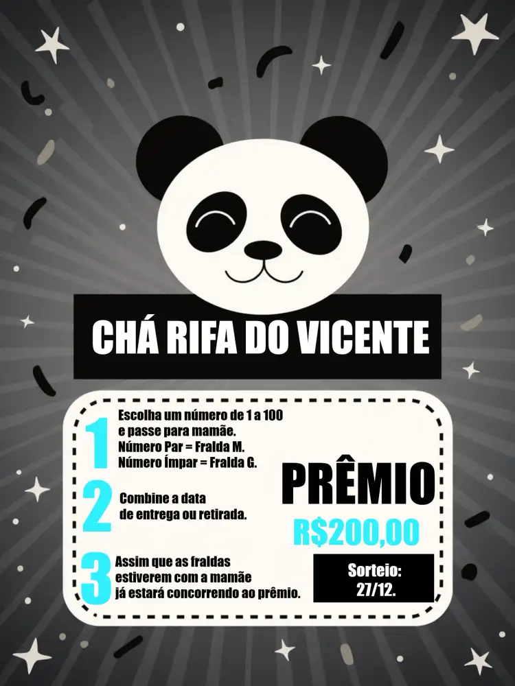 Convite Chá Rifa Panda Ursinho – tema Chá Rifa listras, animais, minimalista, divertido, infantil