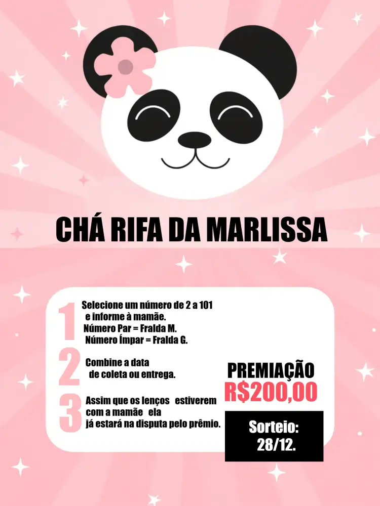Convite Chá Rifa Panda Rosa Animais – tema Chá Rifa rosa, preto e branco, animais, listras, lúdico, divertido
