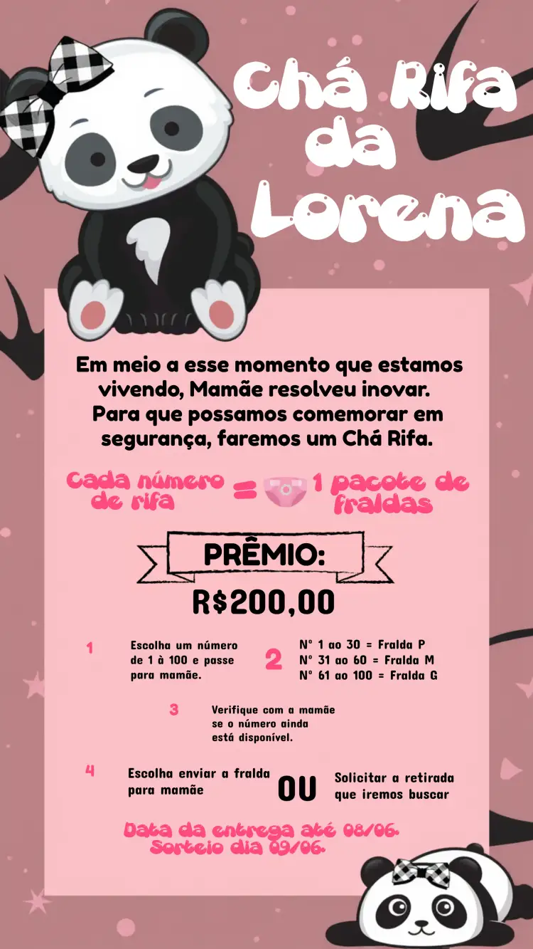 Convite Chá Rifa Panda Fraldas – tema Chá Rifa panda, rosa, branco, preto, safari, lúdico