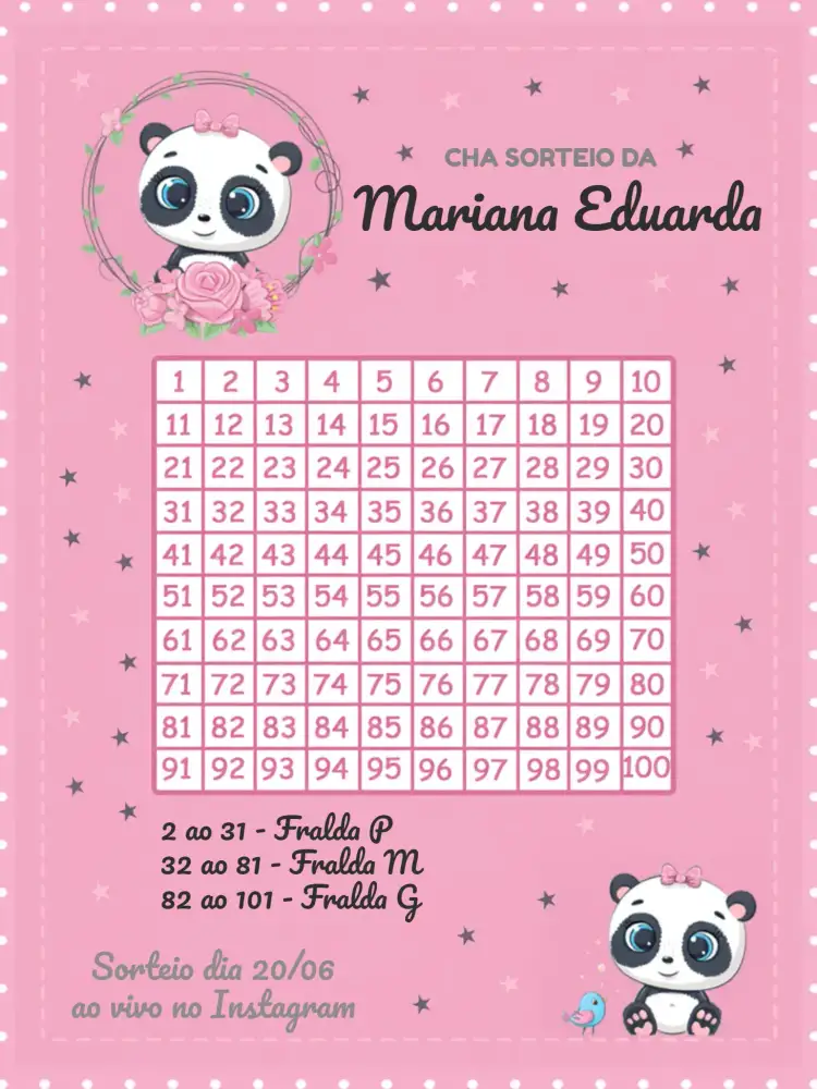 Convite Chá Rifa Pandinha Cinza – tema Chá Rifa fofo, minimalista, moderno, cinza e rosa, lúdico, divertido