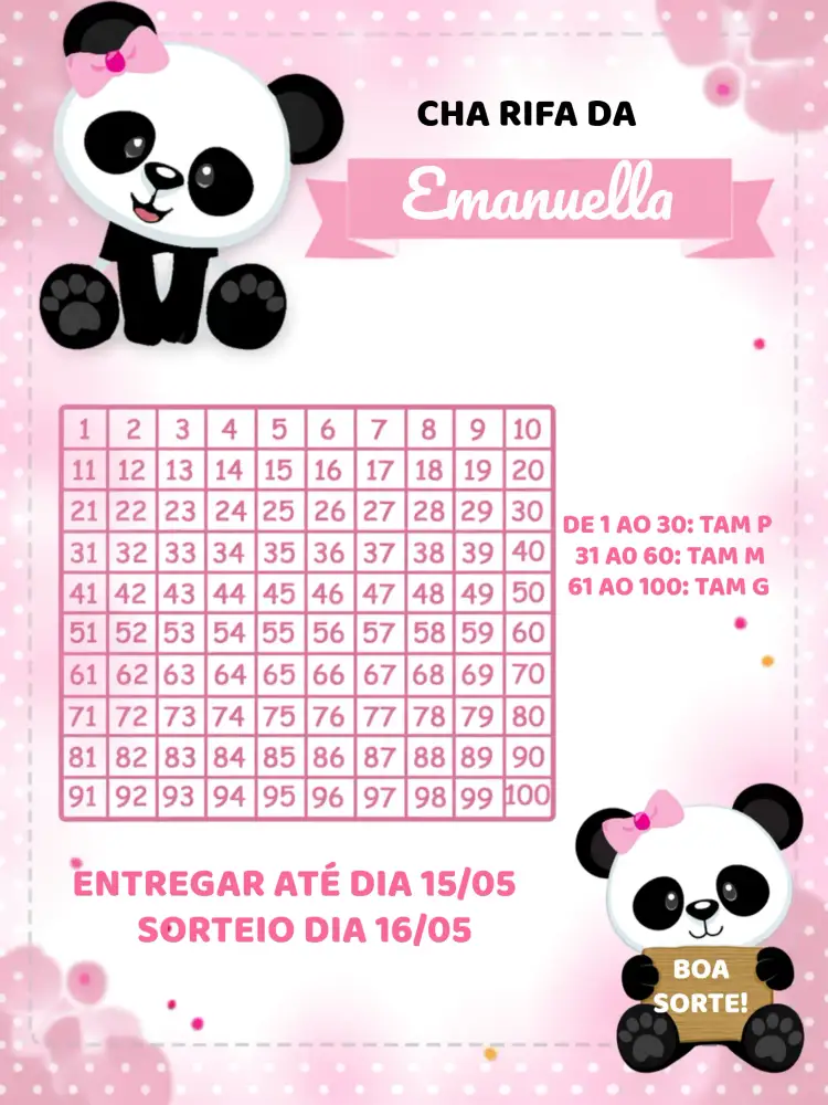 Convite Chá Rifa Pandinha Panda – tema Chá Rifa panda, rosa, branco, preto, infantil, lúdico